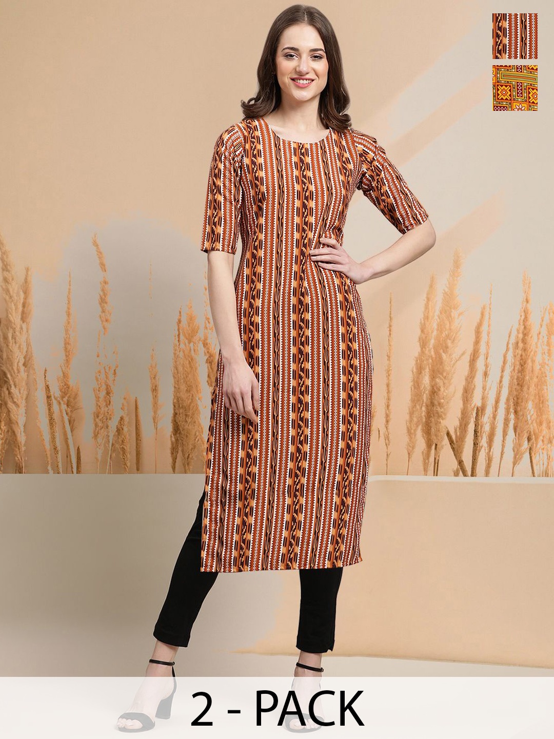 

7Threads Selection Of 2 Ethnic Motifs Printed Round Neck Straight Kurta With Trousers, Red