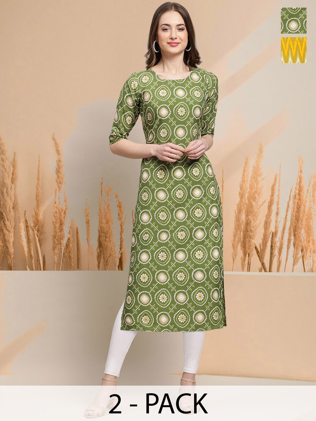 

7Threads Selection Of 2 Floral Printed Round Neck Straight Kurtas, Green