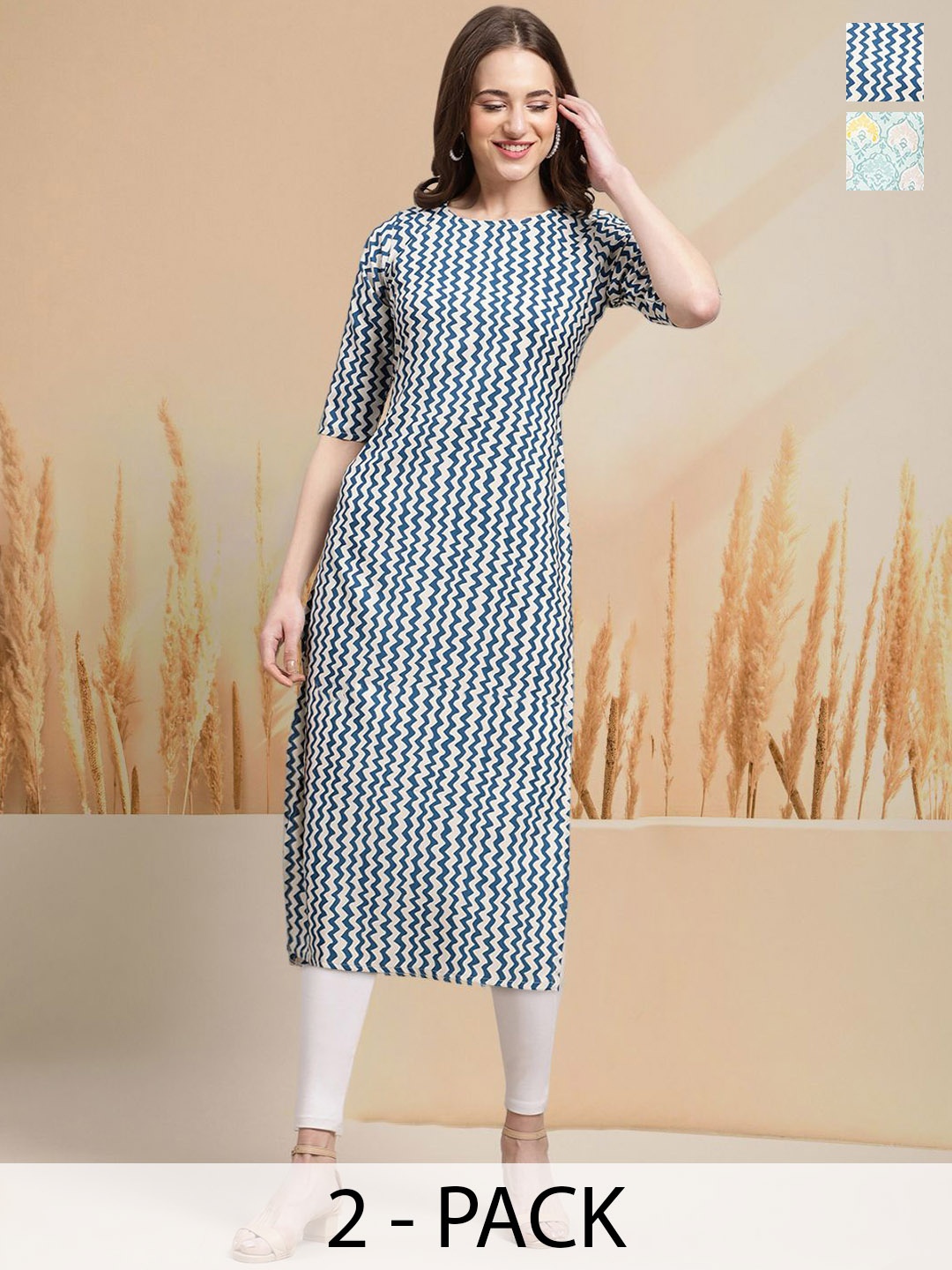 

7Threads Selection of 2 Geometric Printed Round Neck Straight Kurtas, White