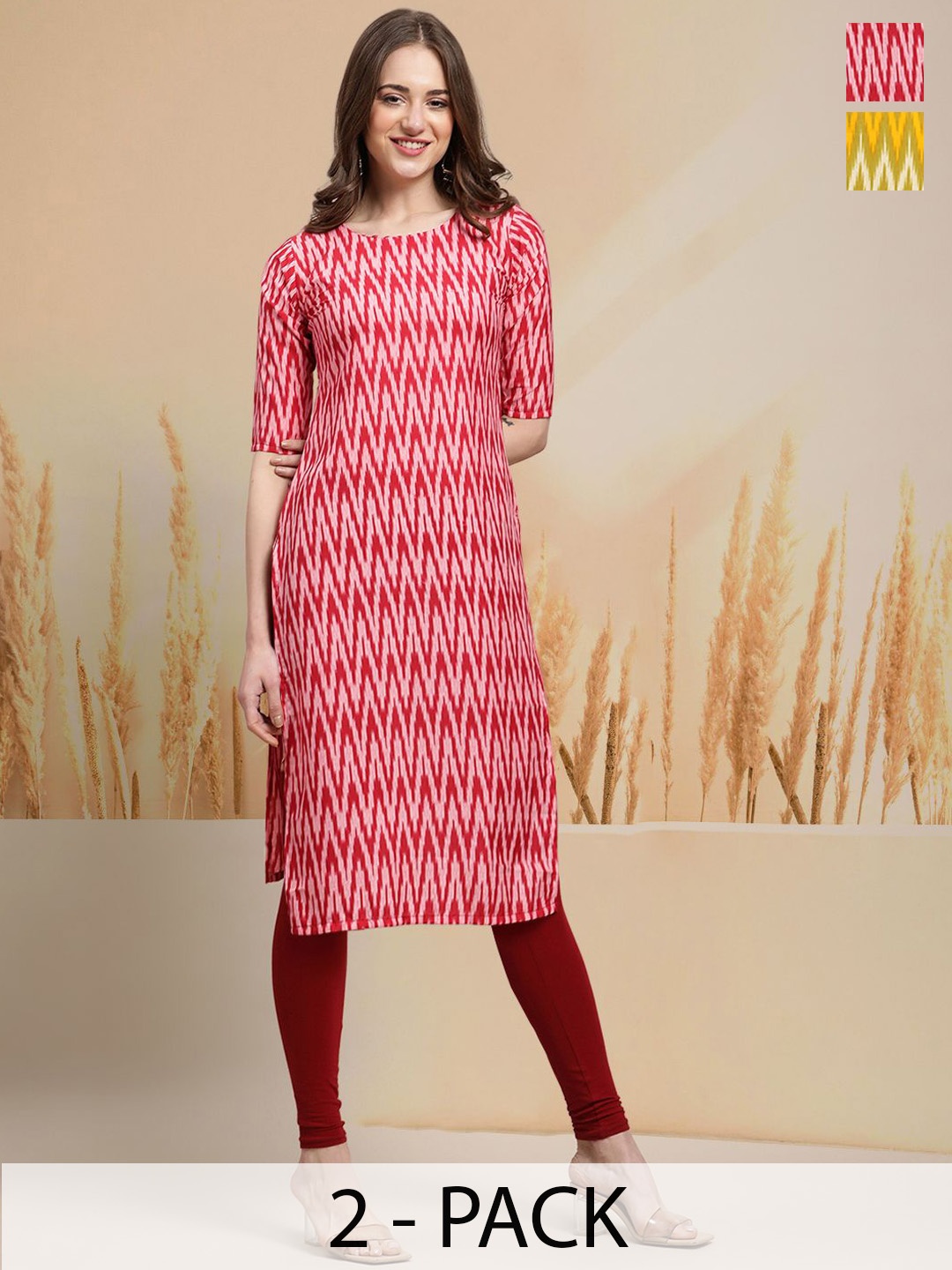 

7Threads Selection of 2 Chevron Printed Round Neck Straight Kurtas, Pink