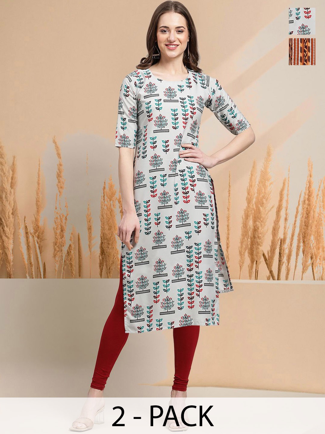 

7Threads Selection Of 2 Ethnic Motifs Printed Round Neck Straight Kurtas, White