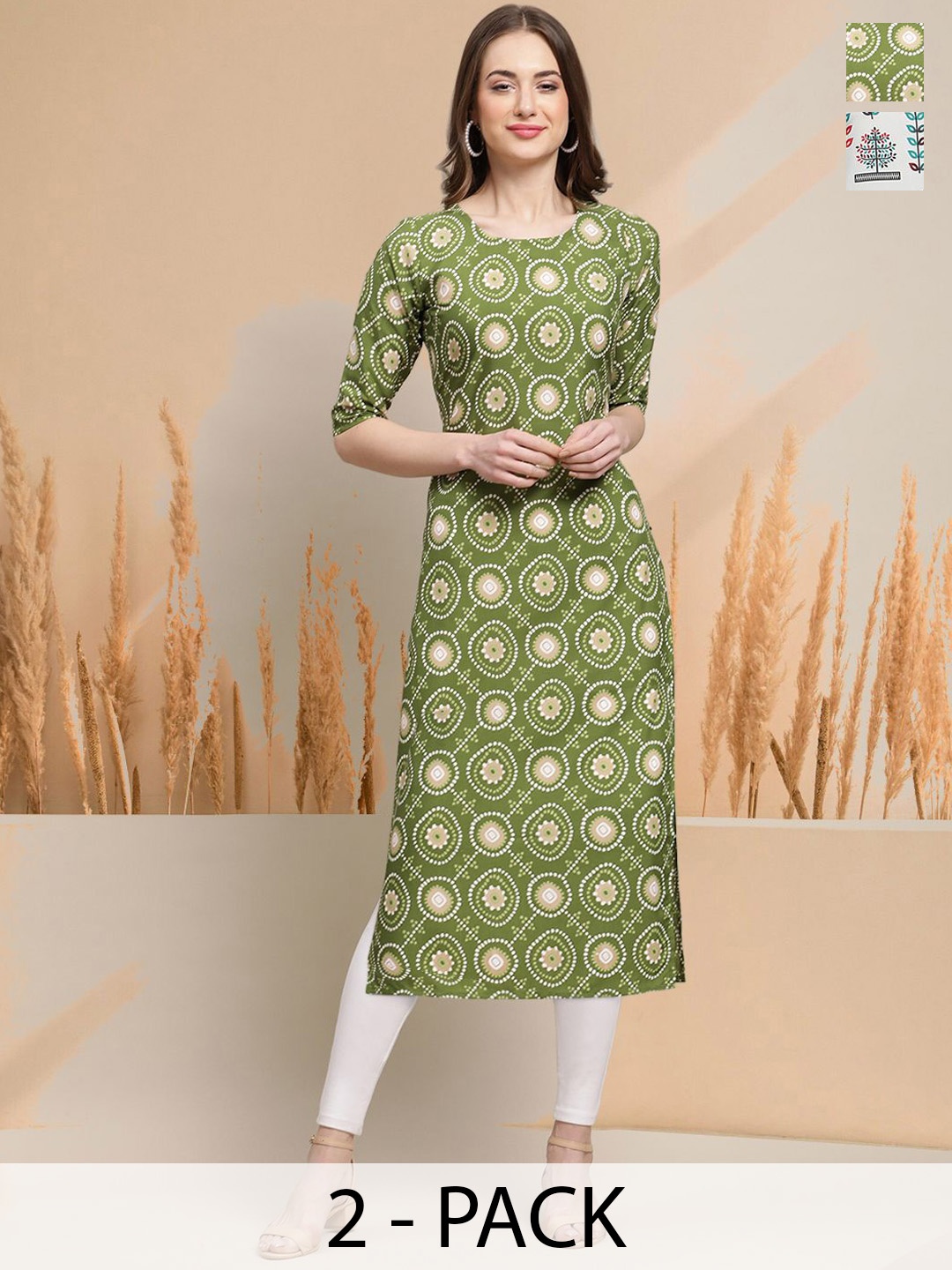 

7Threads Selection Of 2 Geometric Printed Straight Kurtas, Green