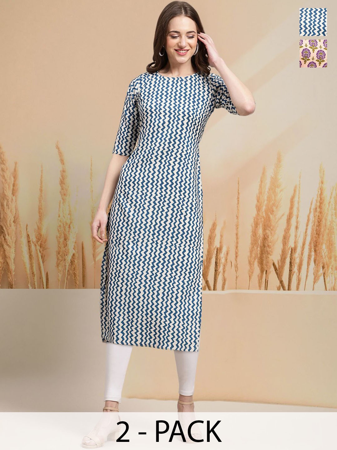 

7Threads Selection Of 2 Chevron Printed Round Neck Straight Kurtas, Blue