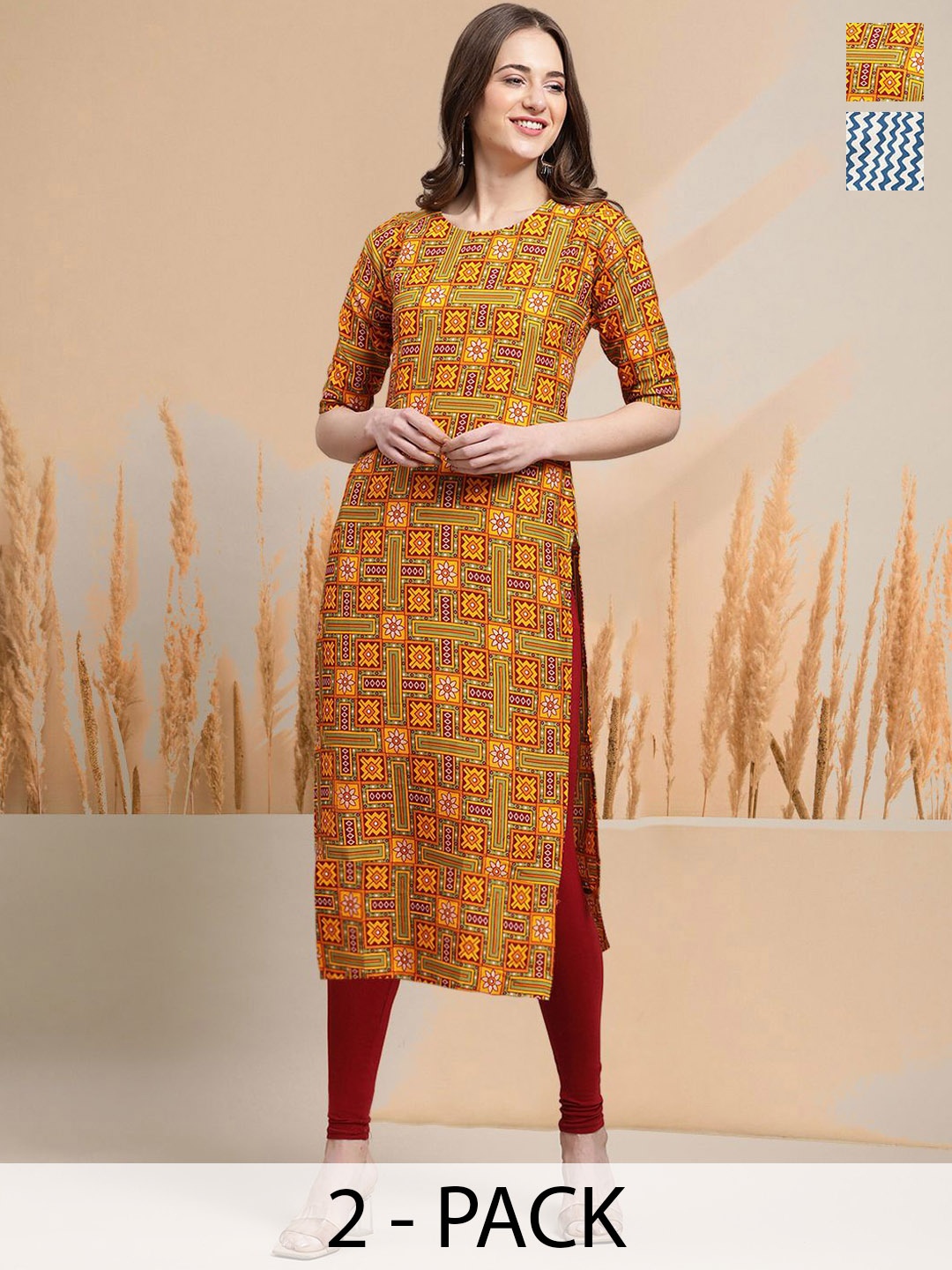 7Threads Selection Of 2 Geometric Printed Round Neck Straight Kurtas, Yellow