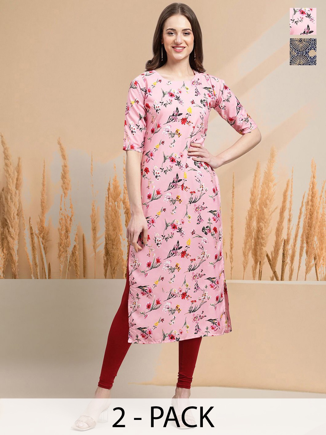 

7Threads Selection of 2 Floral Printed Round Neck Straight Kurtas, Multi