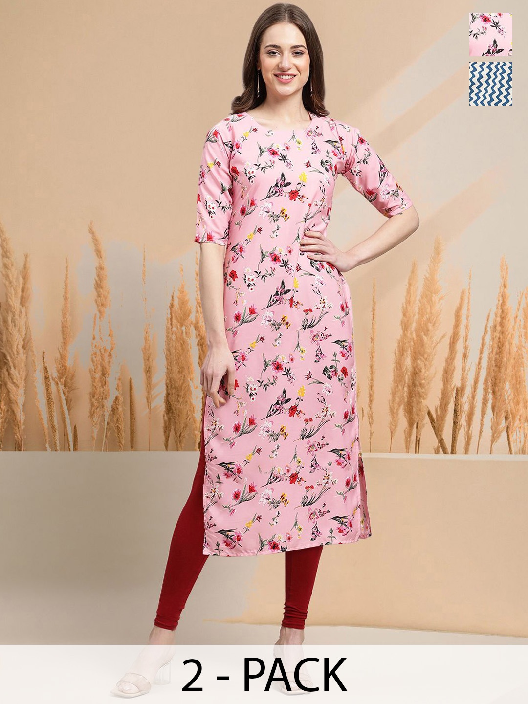 

7Threads Selection of 2 Floral Printed Round Neck Straight Kurtas, Pink