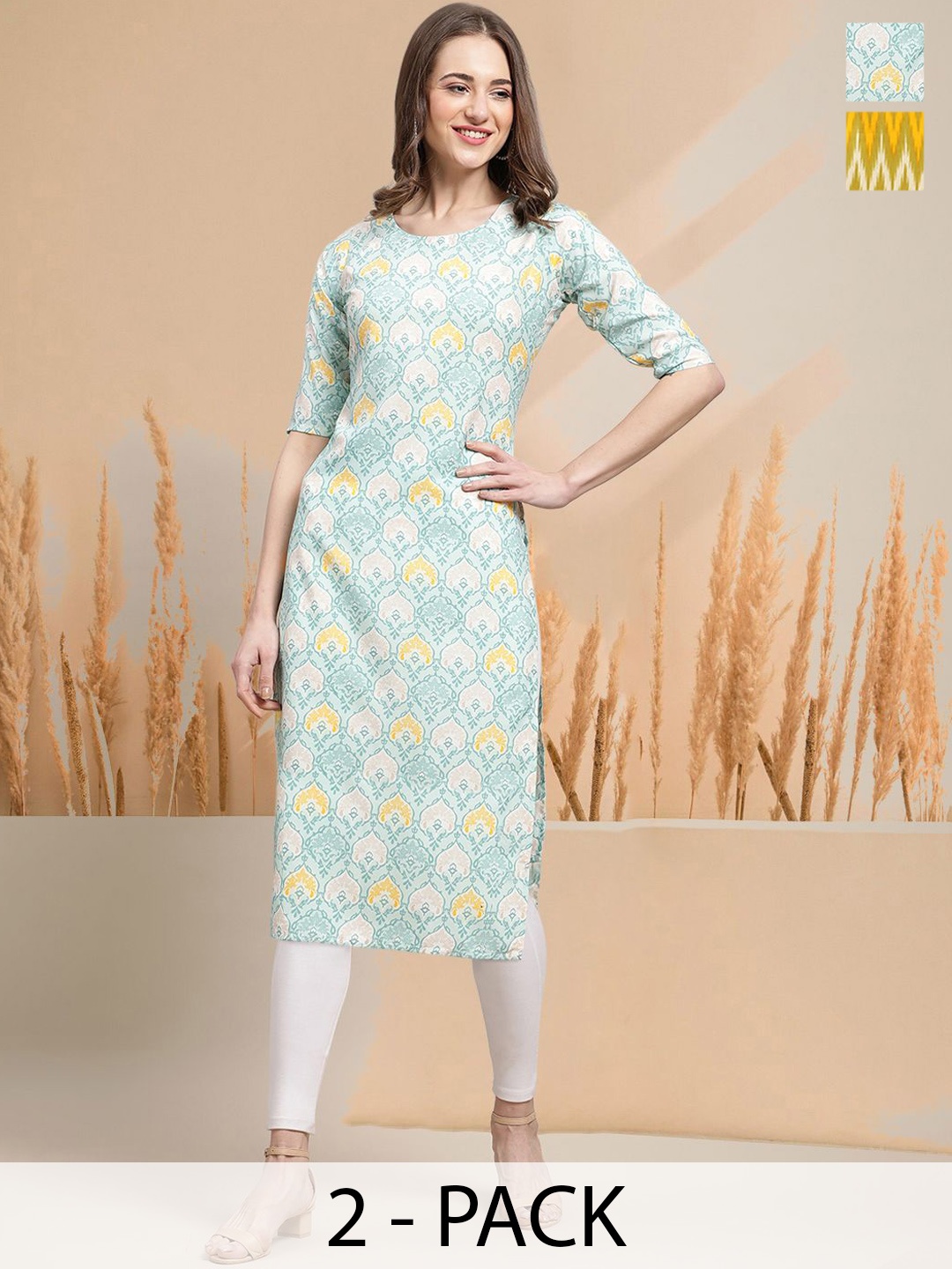 

7Threads Selection of 2 Ethnic Motifs Printed Round Neck Straight Kurtas, Blue