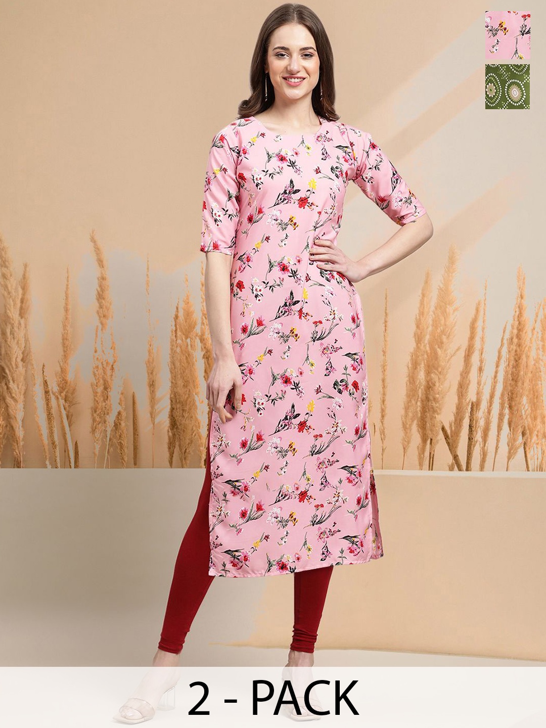 

7Threads Selection of 2 Floral Printed Round Neck Straight Kurtas, Pink