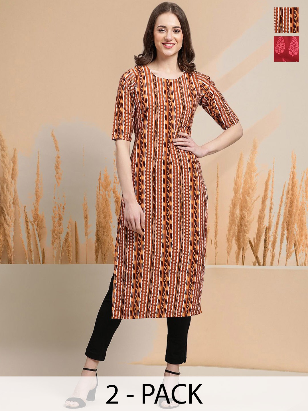 

7Threads Selection of 2 Abstract Printed Round Neck Straight Kurtas, Orange