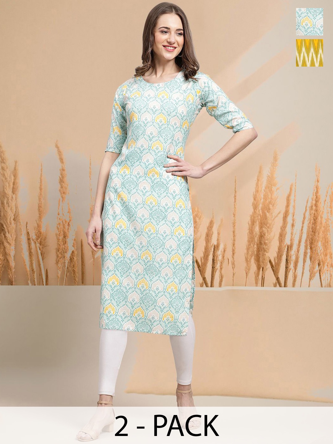 7Threads Selection of 2 Ethnic Motifs Printed Round Neck Straight Kurtas, Blue