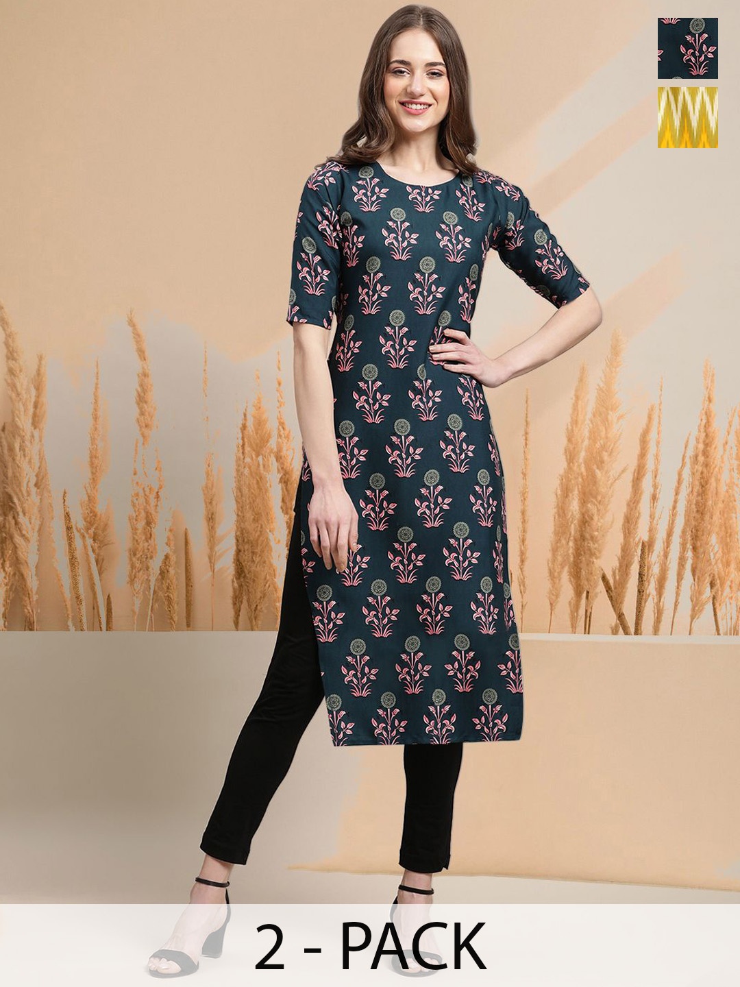 

7Threads Selection Of 2 Floral Printed Round Neck Straight Kurtas, Black
