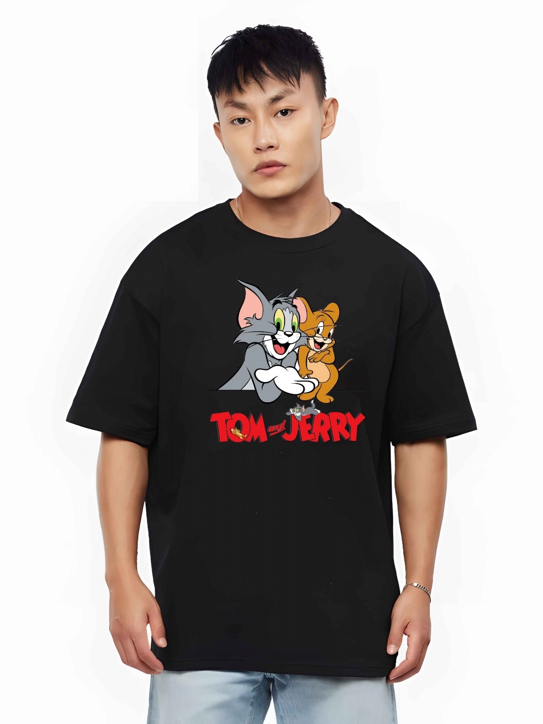 

KAIDO Men Tom & Jerry Graphic Printed Round Neck Cotton Oversized T-shirt, Black