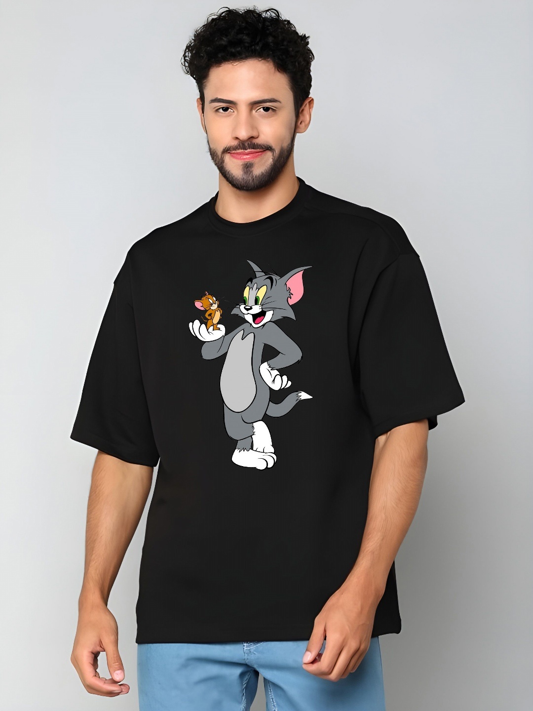 

KAIDO Men Tom & Jerry Graphic Printed Round Neck Cotton Oversized T-shirt, Black