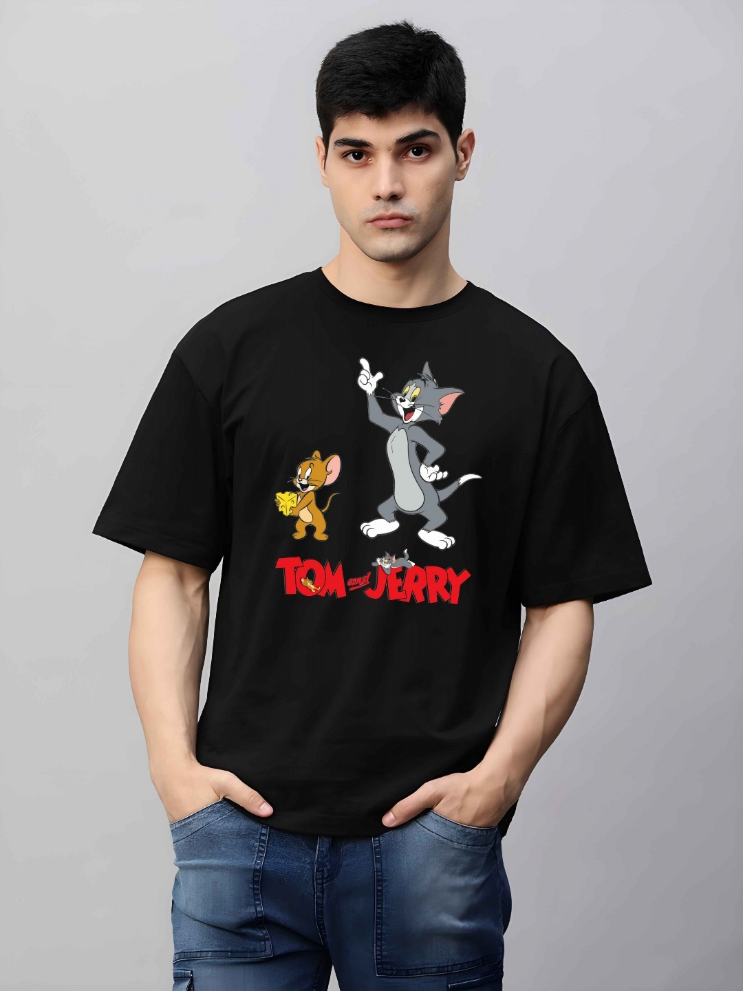 

KAIDO Men Tom & Jerry Graphic Printed Round Neck Cotton Oversized T-shirt, Black
