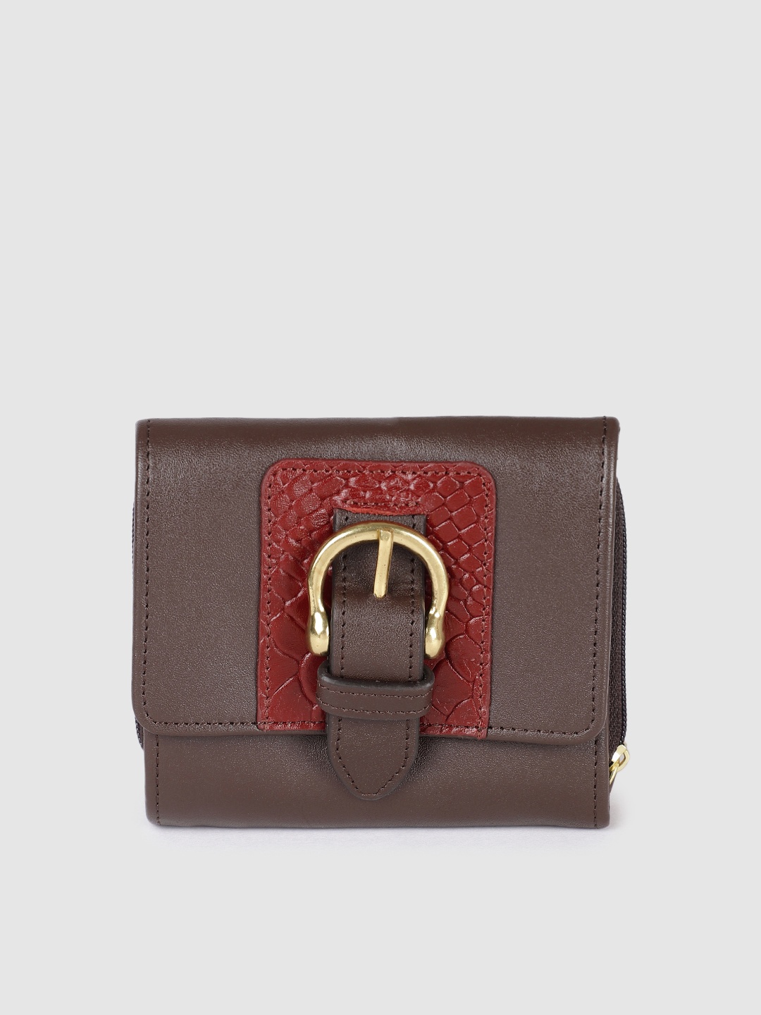 

Hidesign Women SHANGHAI Croc Textured Buckle Detail Leather Three Fold Wallet, Brown