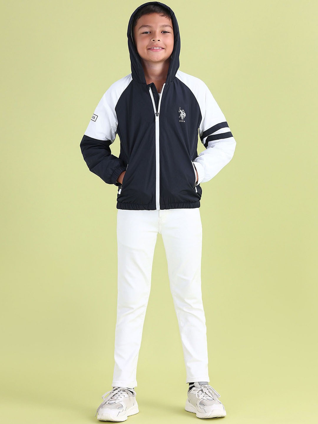 

U.S. Polo Assn. Kids Boys Hooded Colourblocked Casual Bomber Jacket, Navy blue
