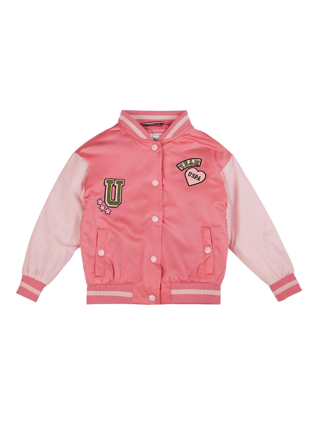 

U.S. Polo Assn. Kids Girls Stand Collar Colourblocked Casual Bomber Jacket, Pink