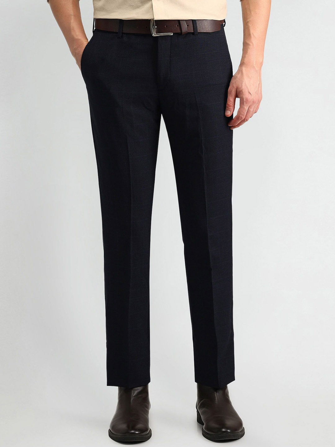 

Arrow Men Checked Mid-Rise Slim Fit Trousers, Blue