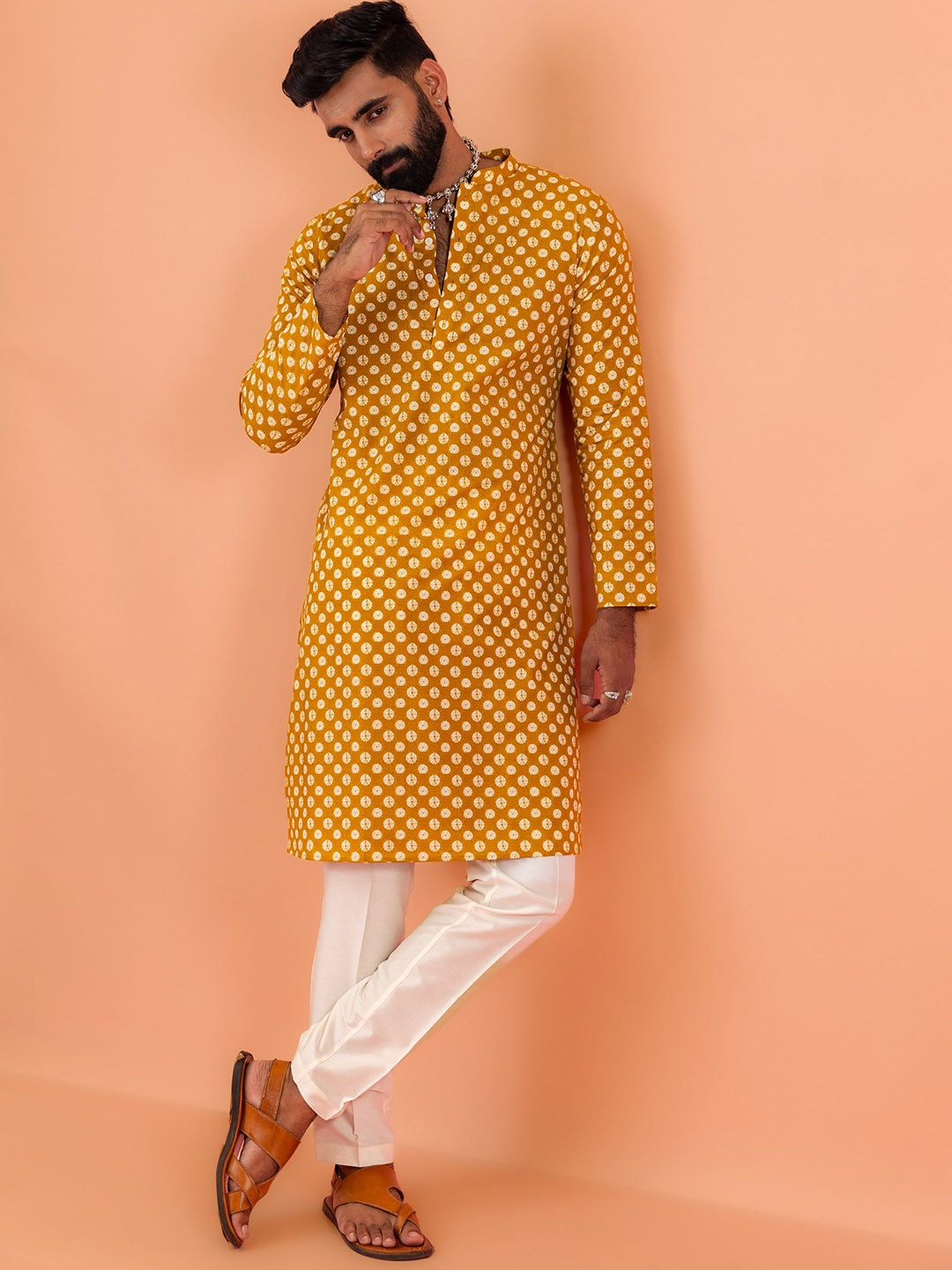 KISAH Geometric Printed Mandarin Collar Pure Cotton Straight Kurtas, Mustard