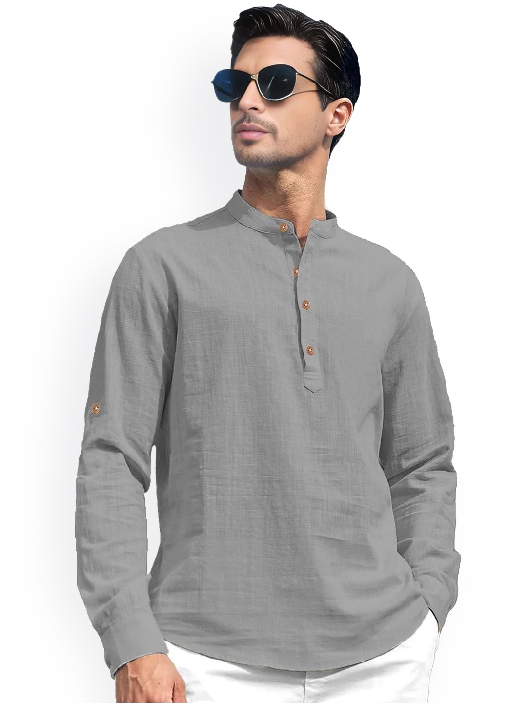 

univibe Band Collar Roll-Up Sleeves Pure Cotton Slim Fit Straight Short Kurta, Grey