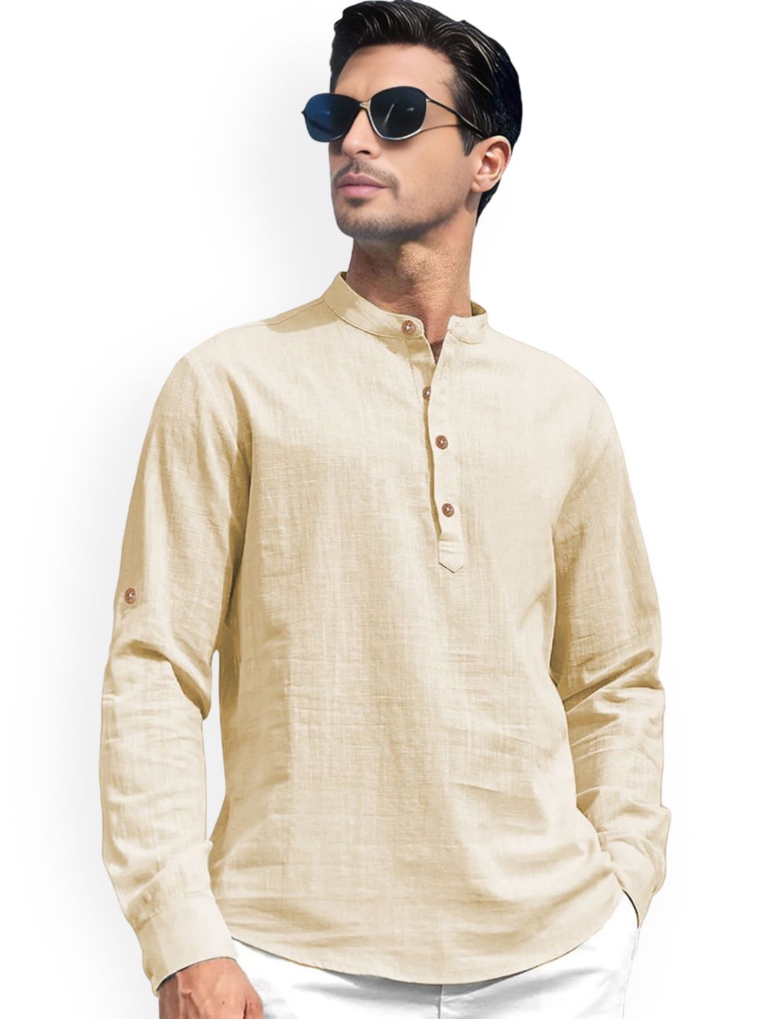 

univibe Mandarin Collar Short Kurta, Beige