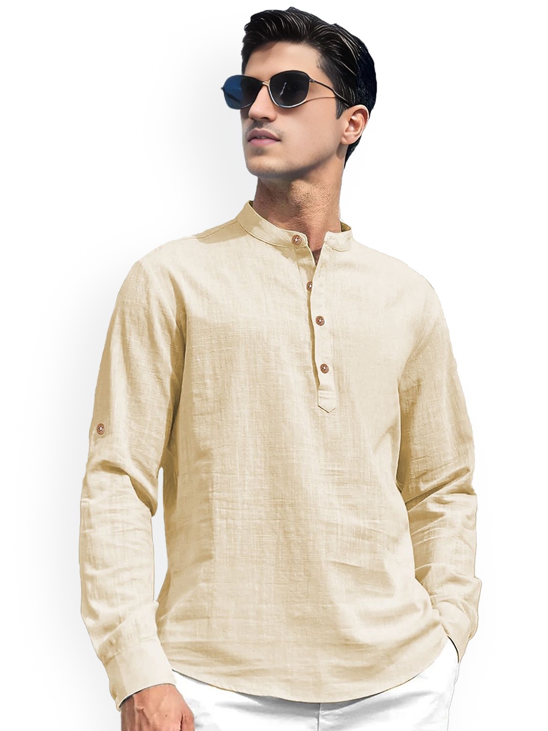 

univibe Mandarin Collar Short Kurta, Beige