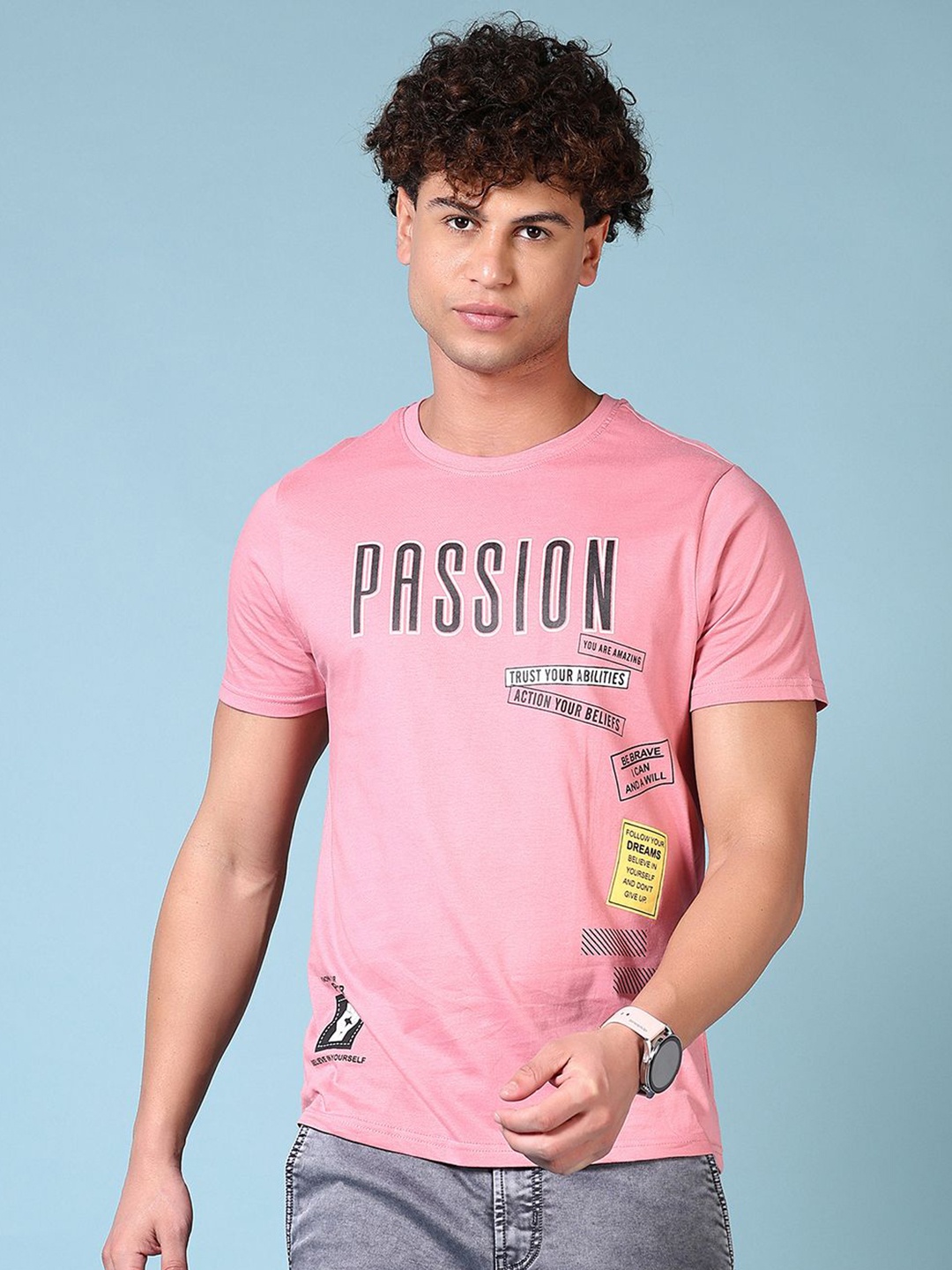 

V-Mart Men Typography Printed Round Neck Cotton T-shirt, Pink