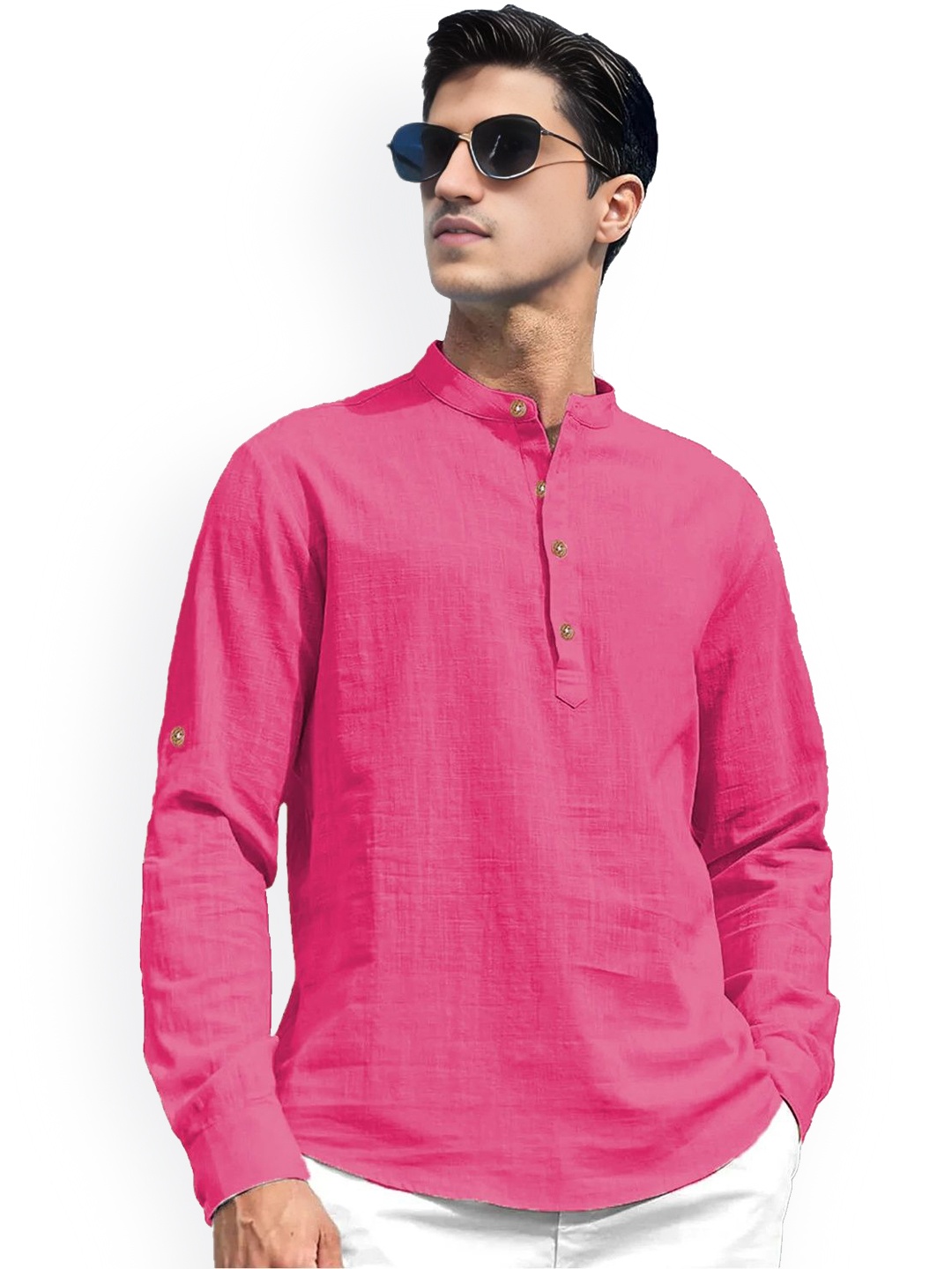 

univibe Band Collar Roll-Up Sleeves Pure Cotton Slim Fit Straight Short Kurta, Pink