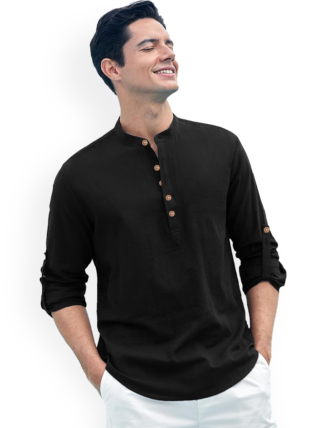 

univibe Mandarin Collar Short Kurta, Black