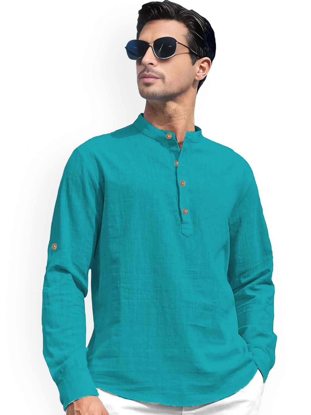 

univibe Band Collar Roll-Up Sleeves Pure Cotton Slim Fit Straight Short Kurta, Turquoise blue