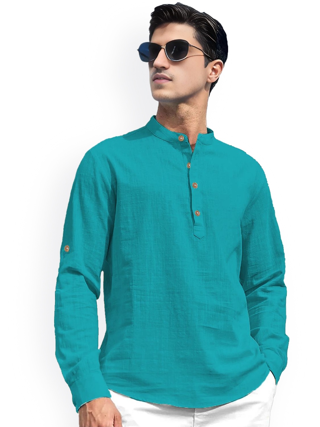 

univibe Mandarin Collar Short Kurta, Turquoise blue