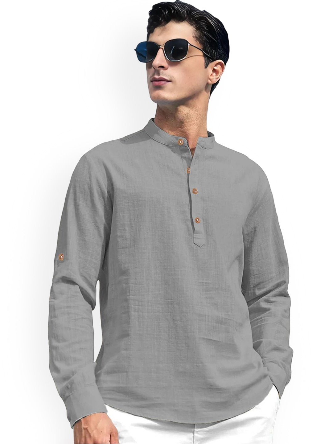 

univibe Mandarin Collar Short Kurta, Grey