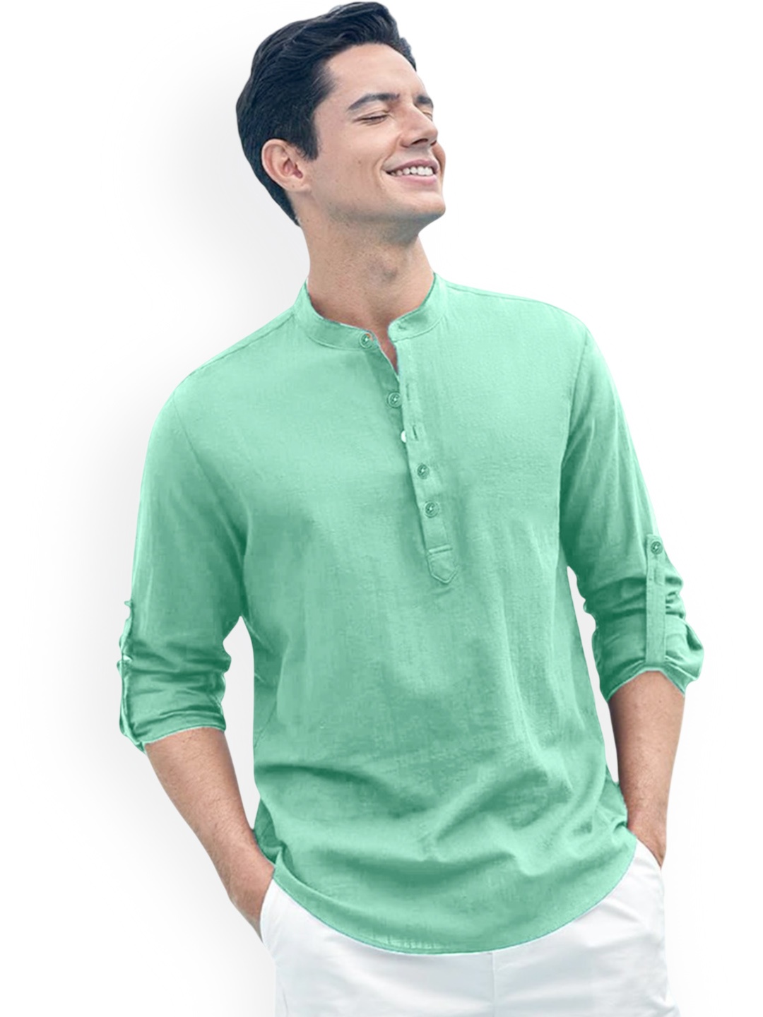 

univibe Band Collar Cotton Short Kurta, Green