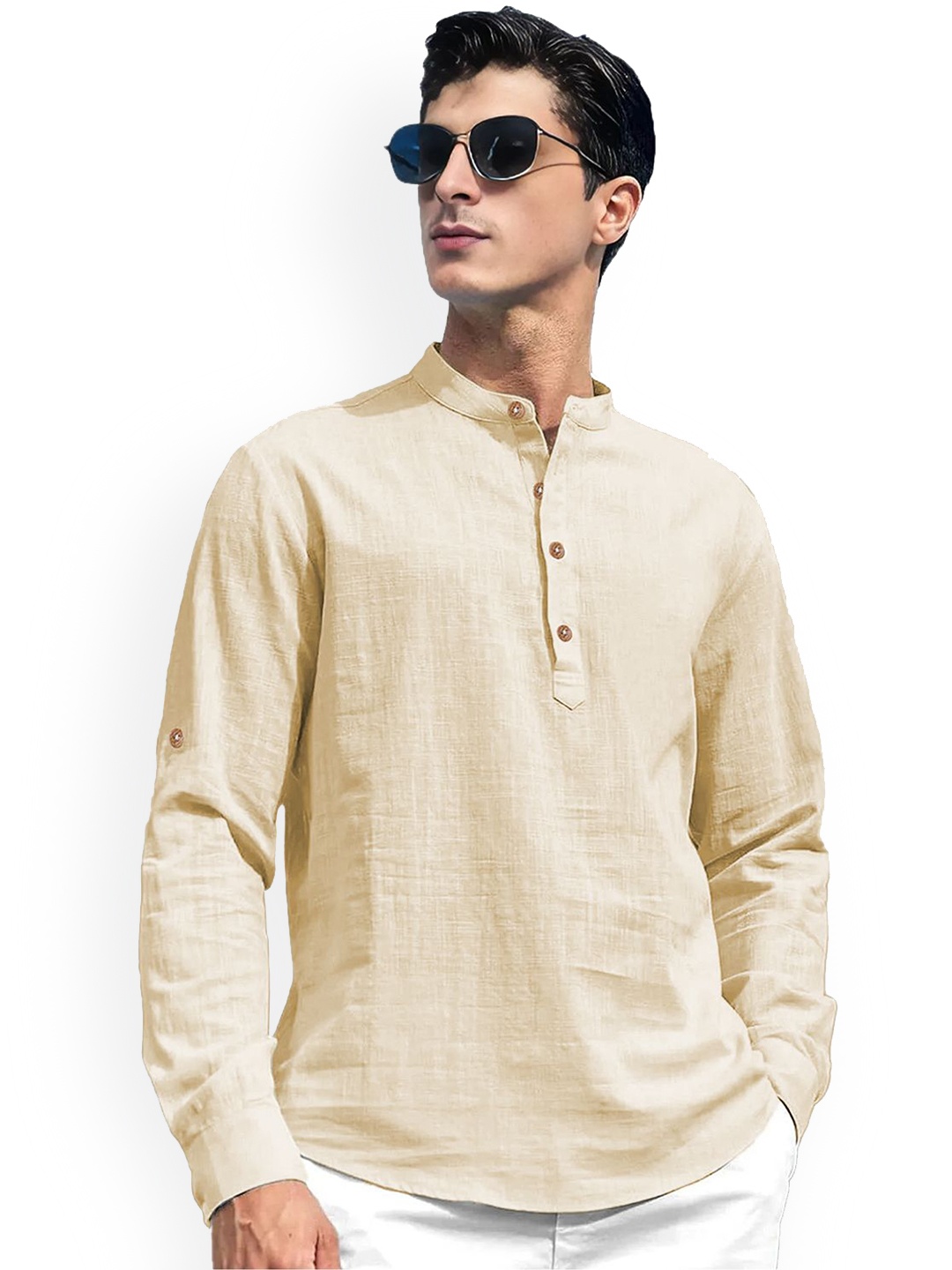 

univibe Mandarin Collar Short Kurta, Beige