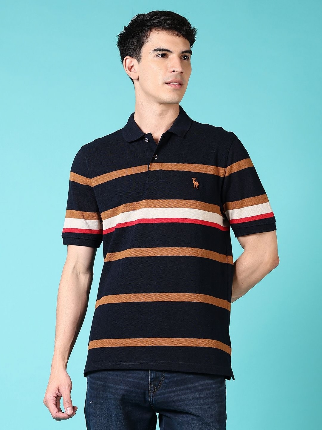 

V-Mart Men Striped Polo Collar Cotton T-shirt, Navy blue