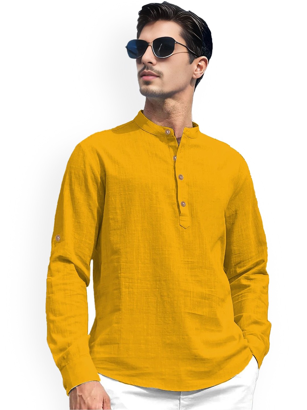 

univibe Band Collar Roll-Up Sleeves Pure Cotton Slim Fit Straight Short Kurta, Yellow