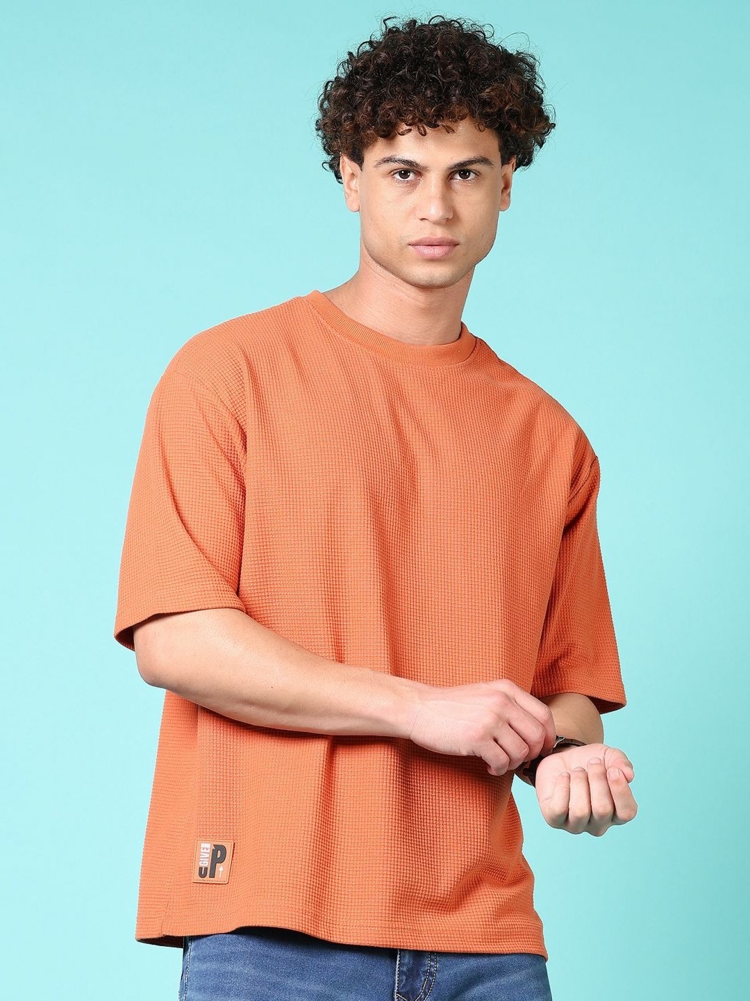 

V-Mart Men Solid Round Neck Cotton Oversized T-shirt, Orange