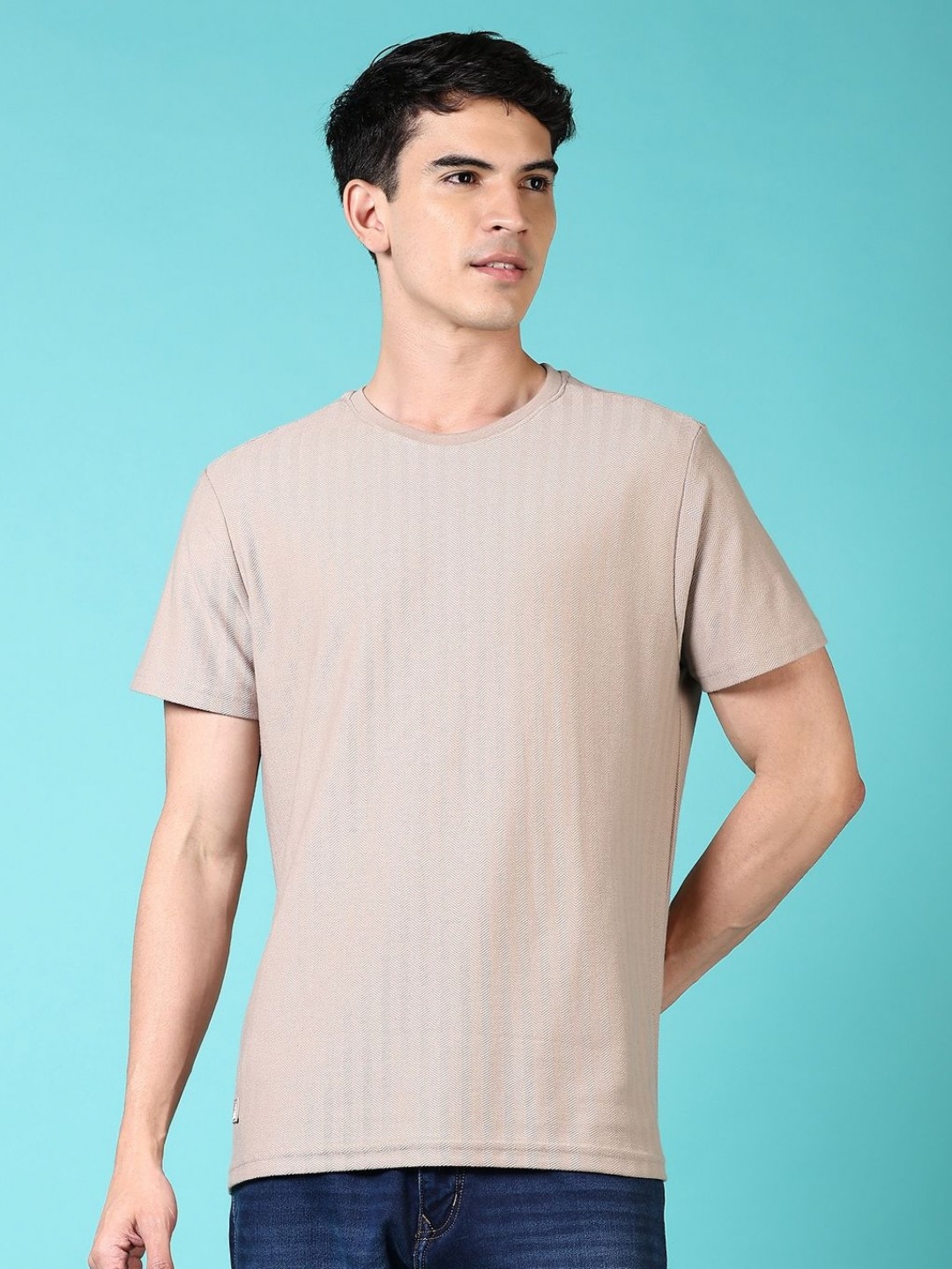 

V-Mart Men Self Design Round Neck Cotton T-shirt, Beige