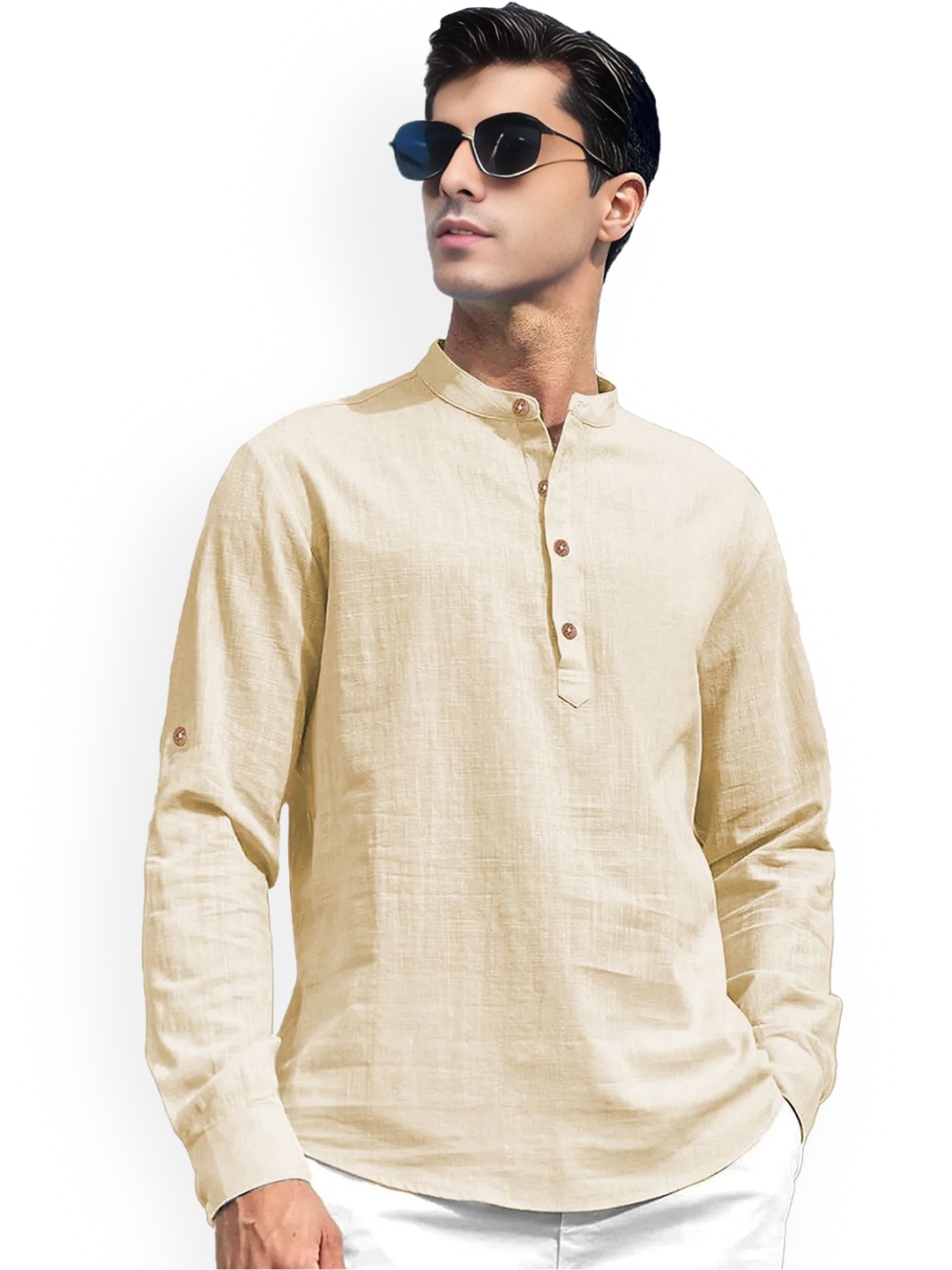 

univibe Mandarin Collar Short Kurta, Beige