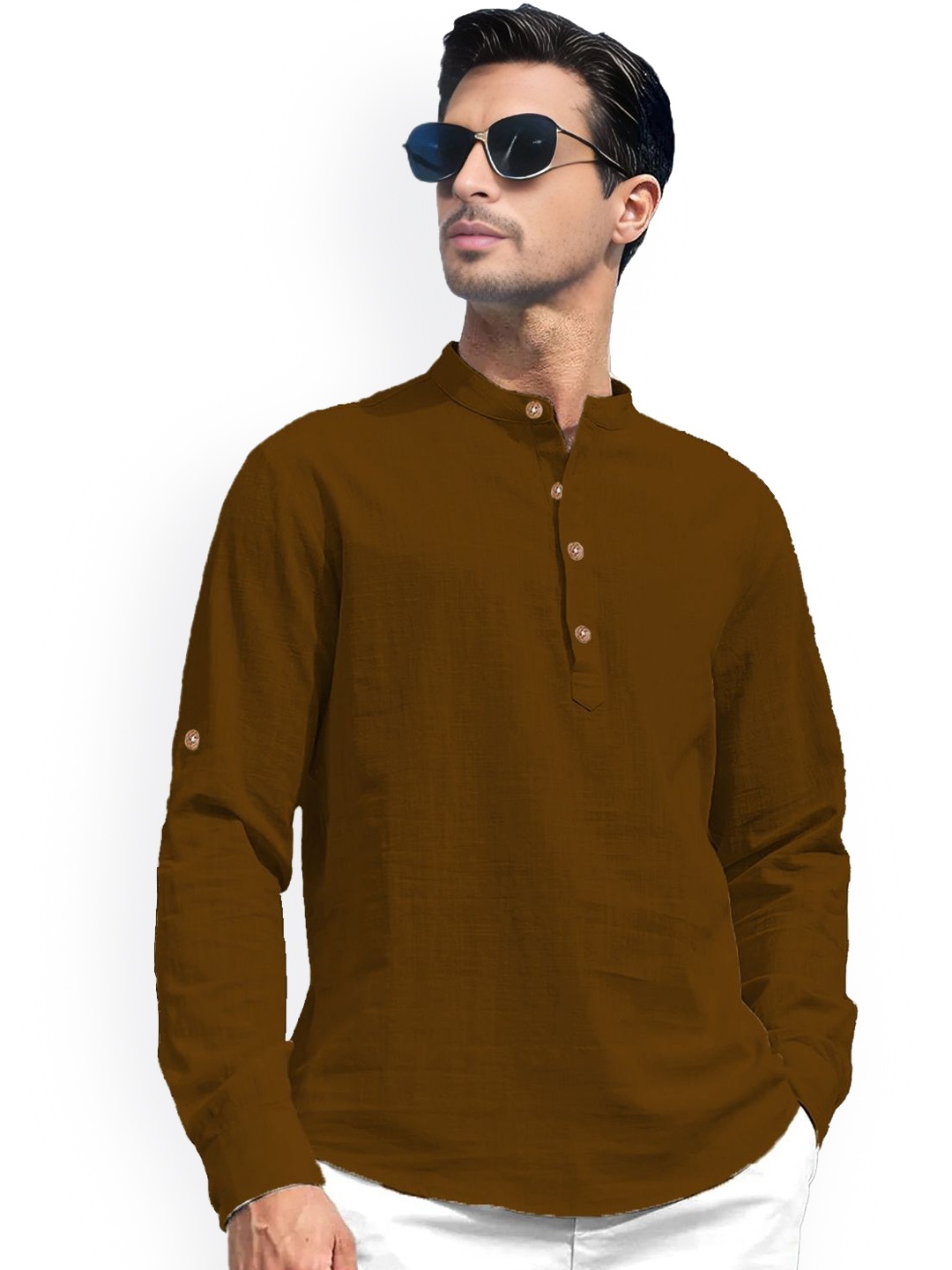 

univibe Mandarin Collar Short Kurta, Brown