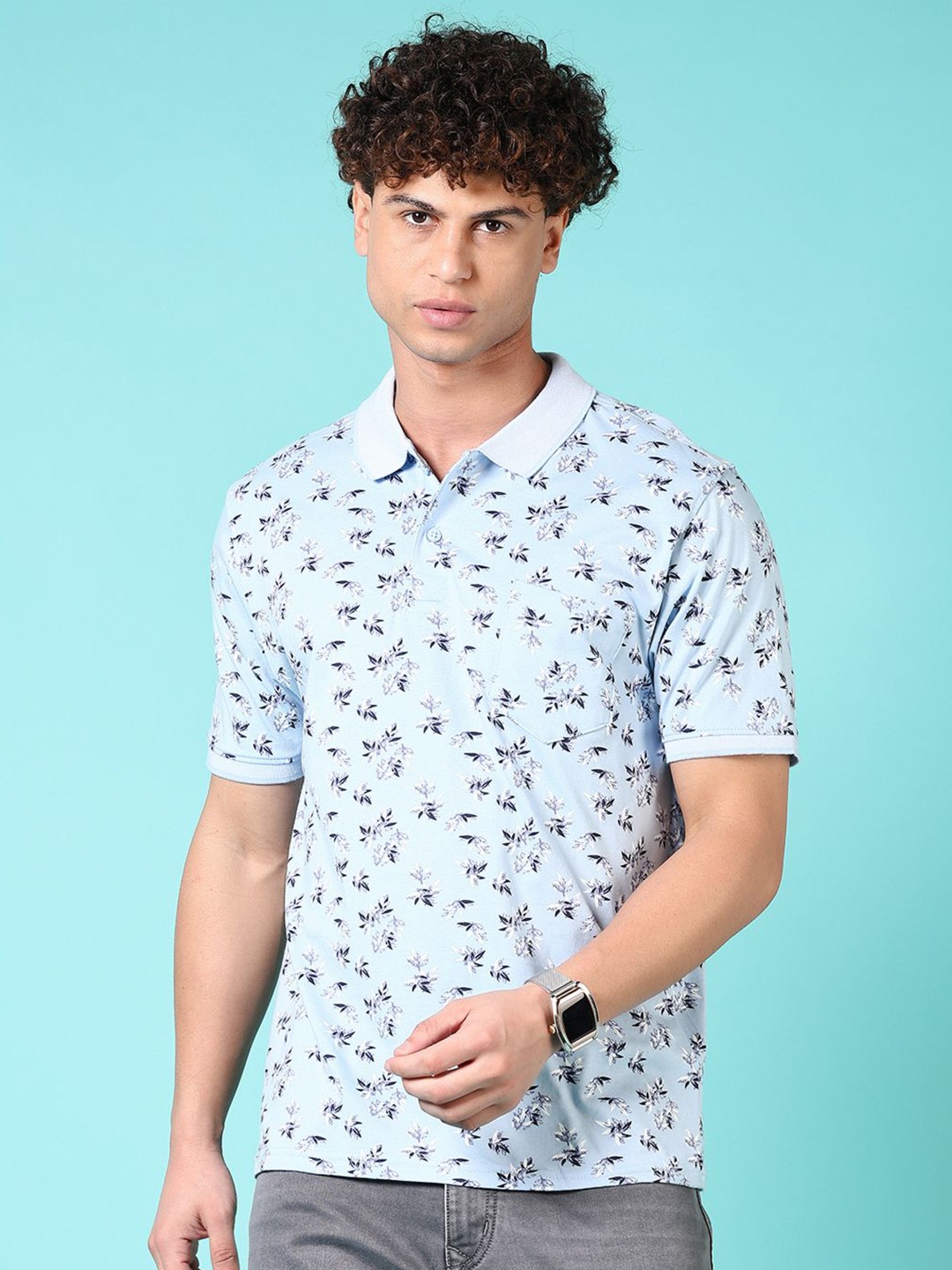 

V-Mart Men Floral Printed Polo Collar Cotton T-shirt, Blue