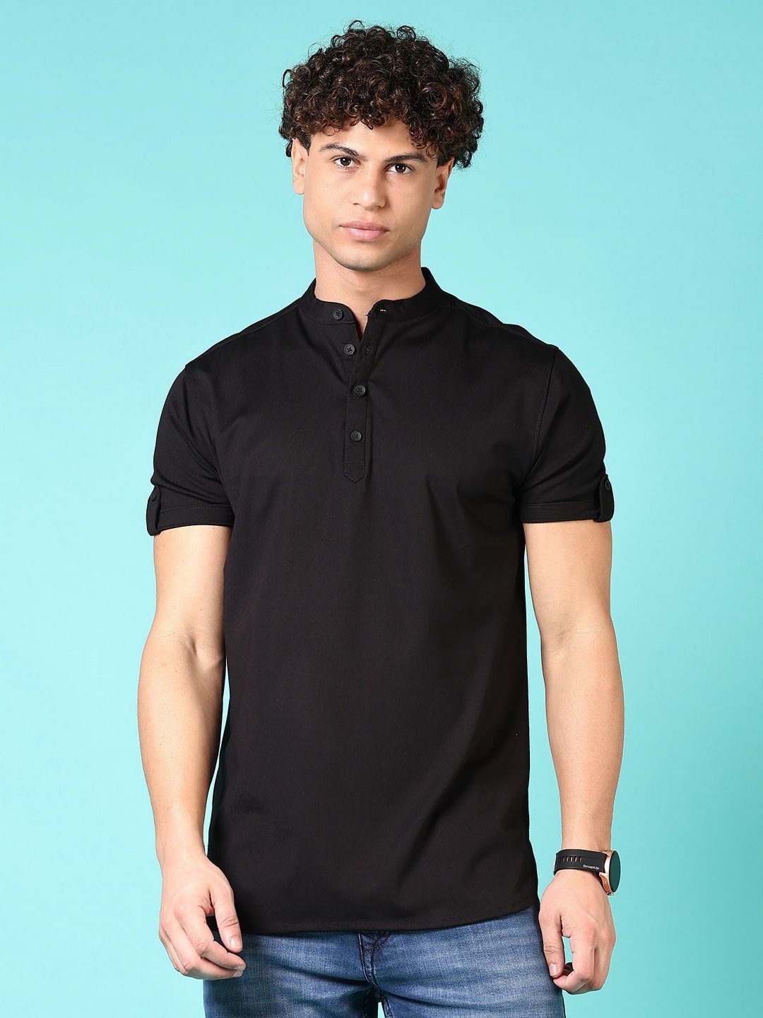 

V-Mart Men Solid Henley Neck Cotton T-shirt, Black