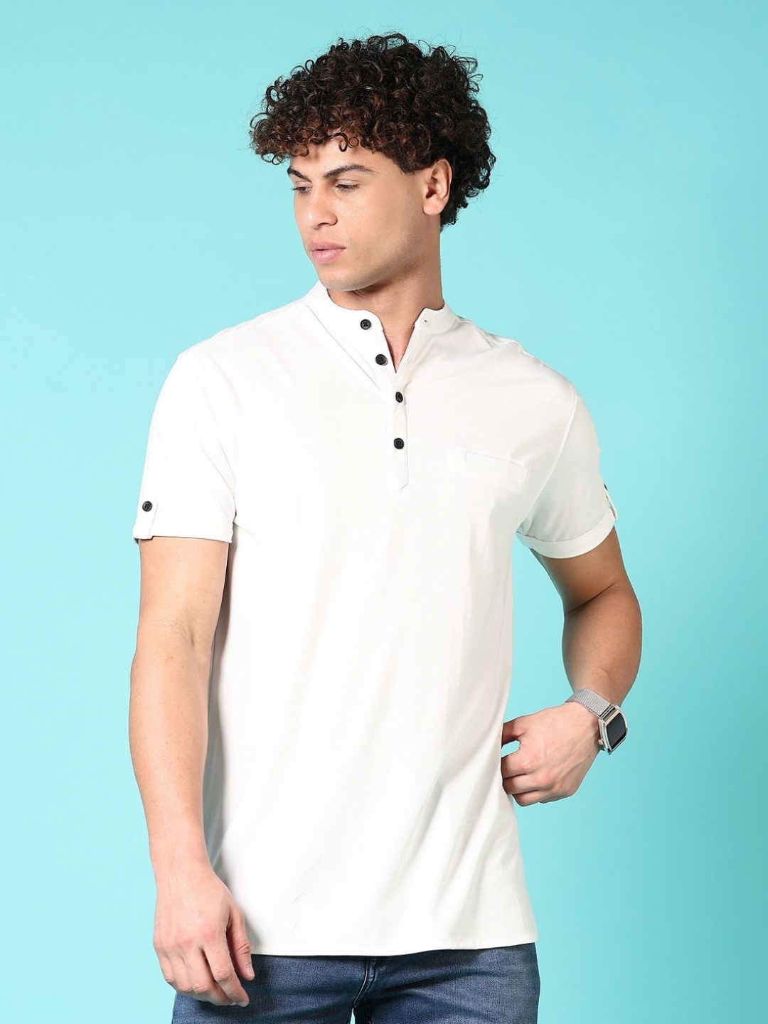 

V-Mart Men Solid Henley Neck Cotton T-shirt, White