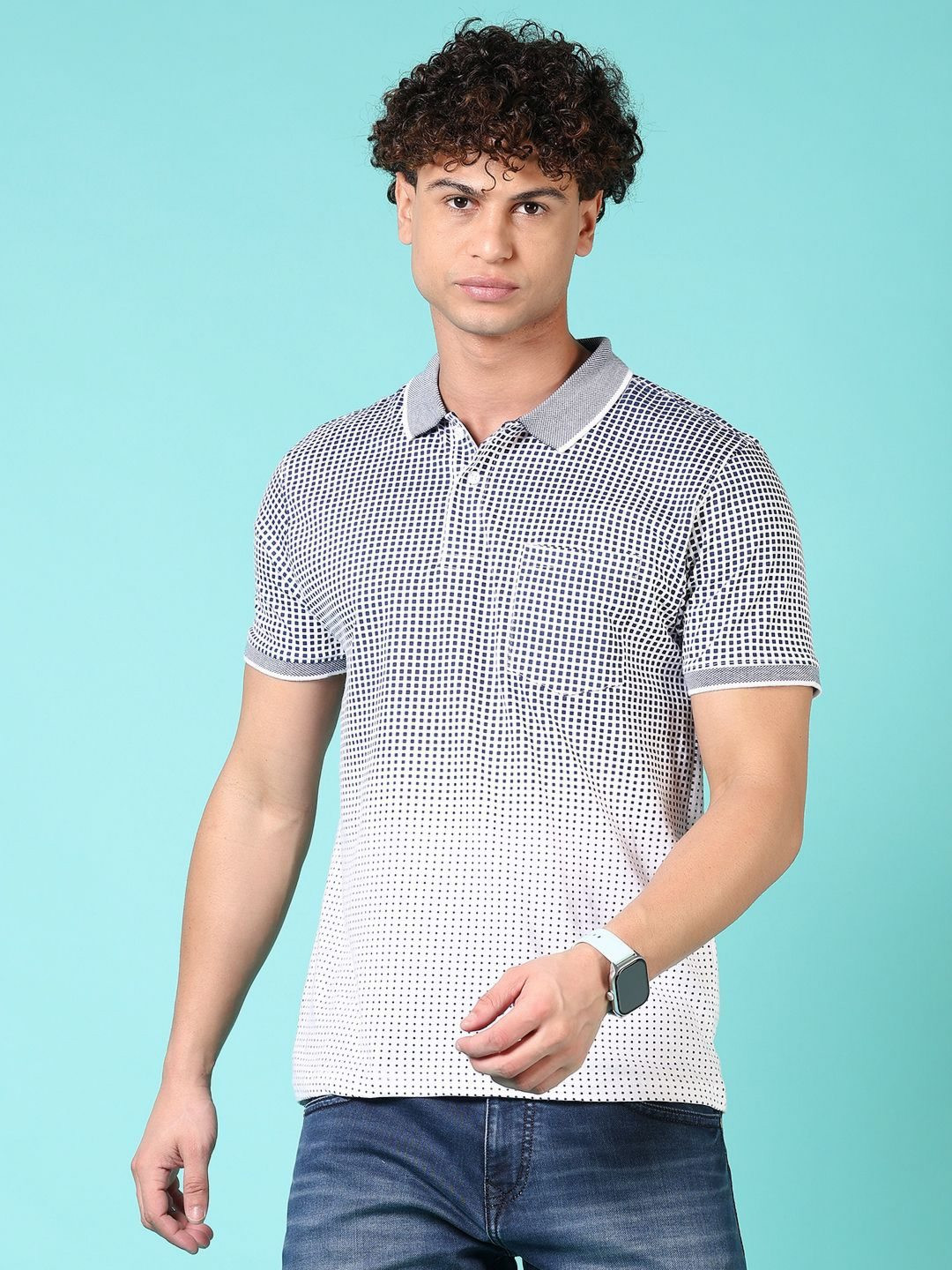

V-Mart Men Geometric Printed Polo Collar Cotton T-shirt, Blue