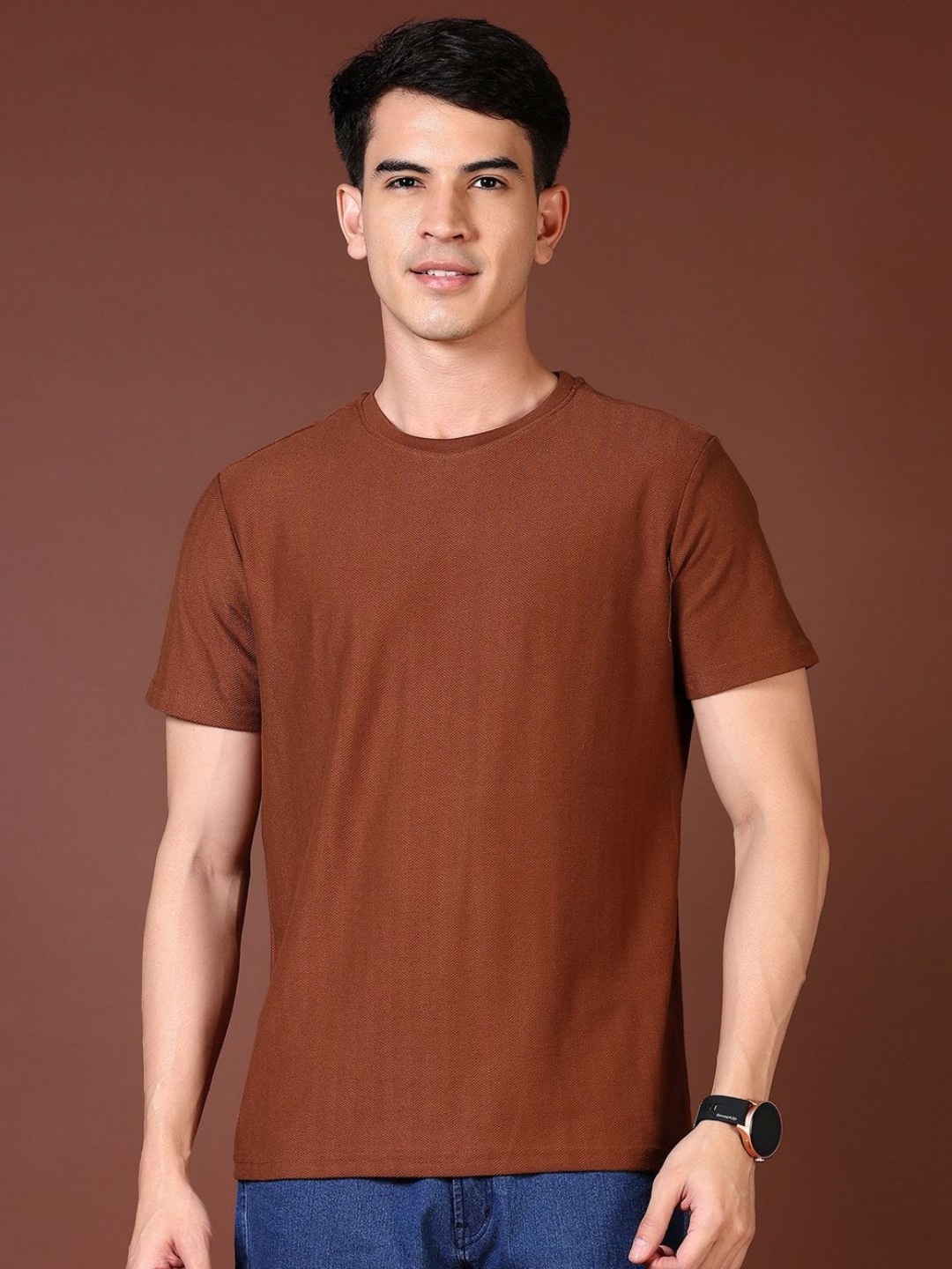 

V-Mart Men Solid Round Neck Cotton T-shirt, Brown