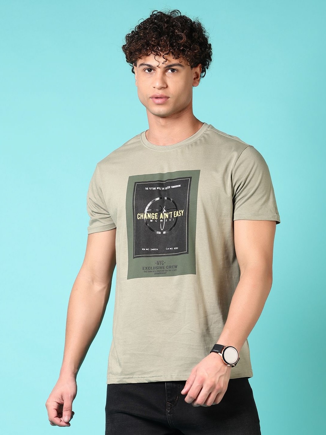 

V-Mart Men Typography Printed Round Neck Cotton T-shirt, Olive