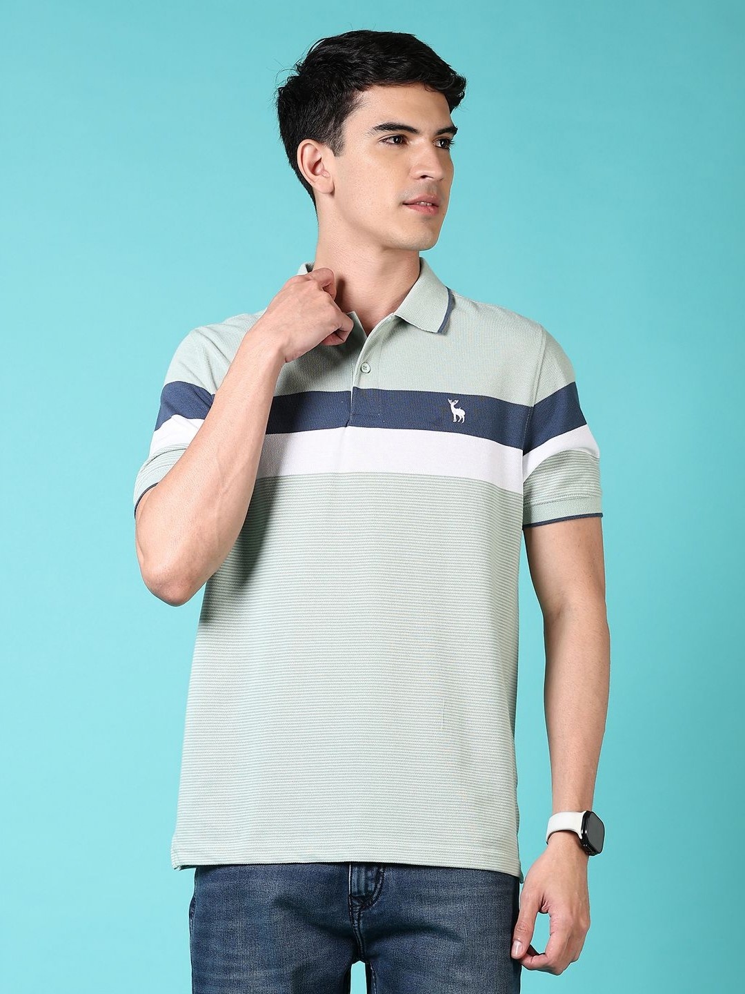

V-Mart Men Striped Polo Collar Cotton T-shirt, Green