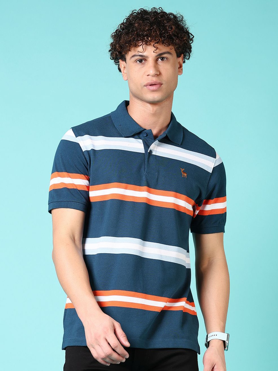 

V-Mart Men Striped Polo Collar Cotton T-shirt, Teal