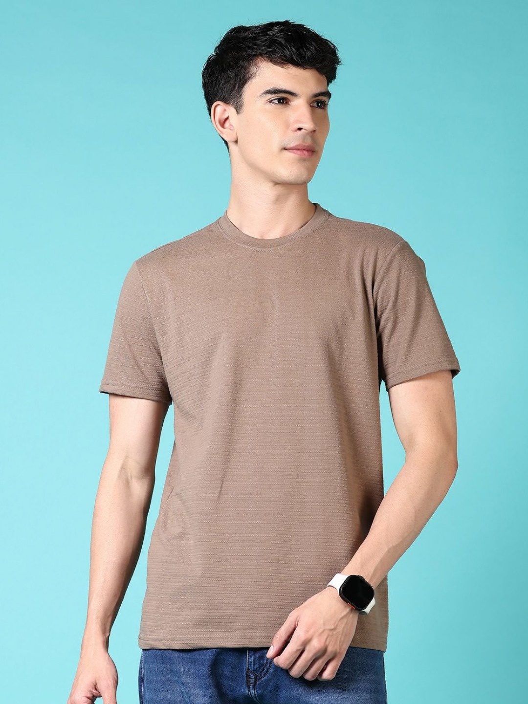 

V-Mart Men Self Design Round Neck Cotton T-shirt, Brown