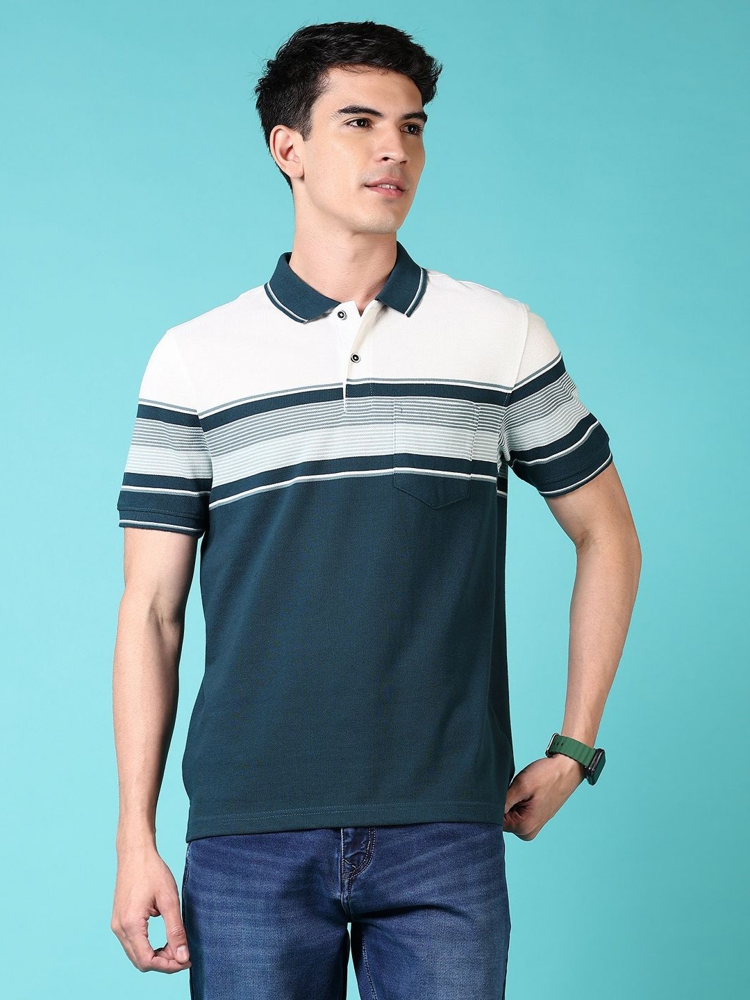 

V-Mart Men Striped Polo Collar Cotton T-shirt, Teal